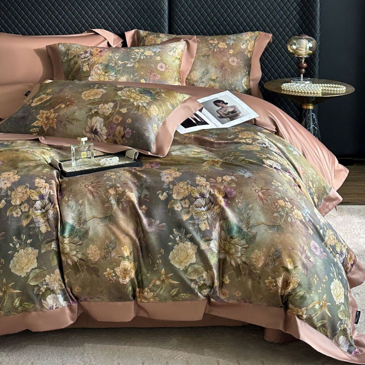 Premium-Baumwoll-Satin-Bettwäschegarnitur mit detailliertem Botanischem Toile-Motiv und Satinbordüre