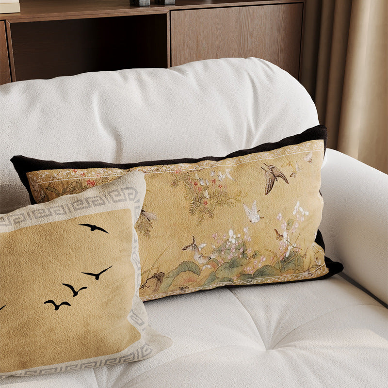 Decorative Rectangular Linen-Blend Lumbar Pillow Cover with Oriental Bird and Blossom Print and Contrast Velvet Border