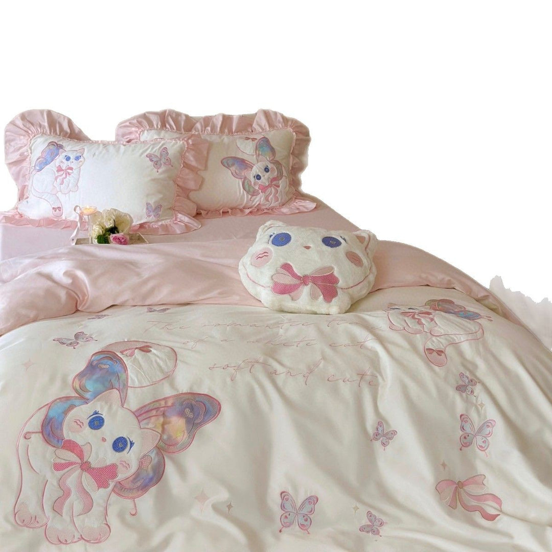 Rüschend mit Stickerei Baumwollsatin Bettwäsche Set mit dekorativem Katzenmotiv & Kissenbezügen
