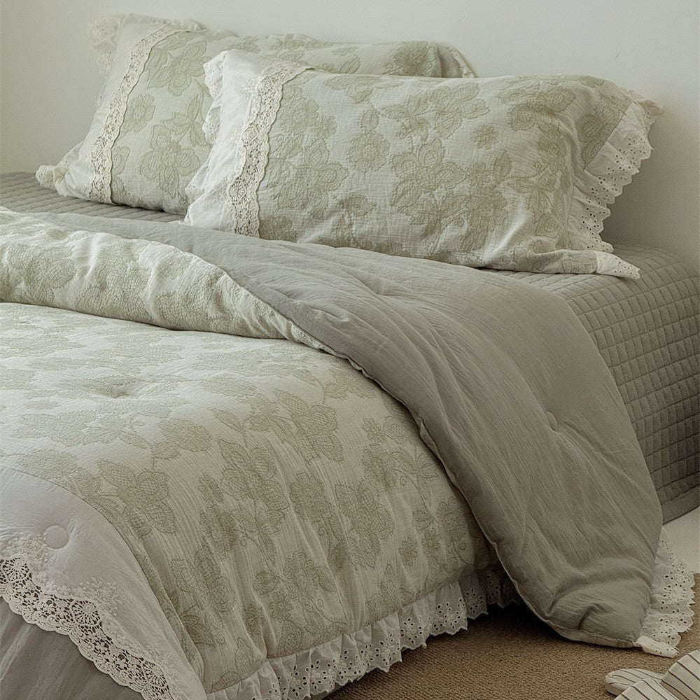 Vintage-Baumwoll-Bettwäsche-Set mit Lochspitze und handgezeichnetem Blumenmuster