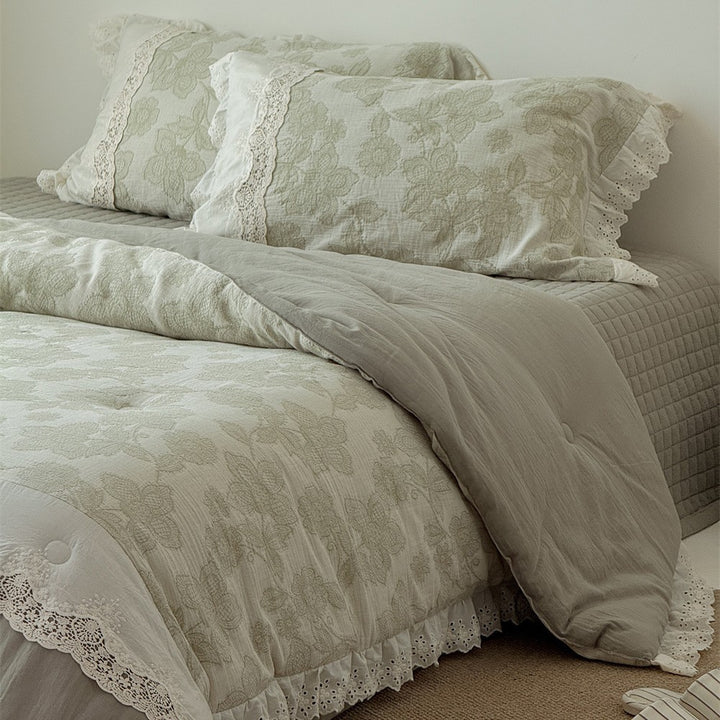 Vintage-Baumwoll-Bettwäsche-Set mit Lochspitze und handgezeichnetem Blumenmuster