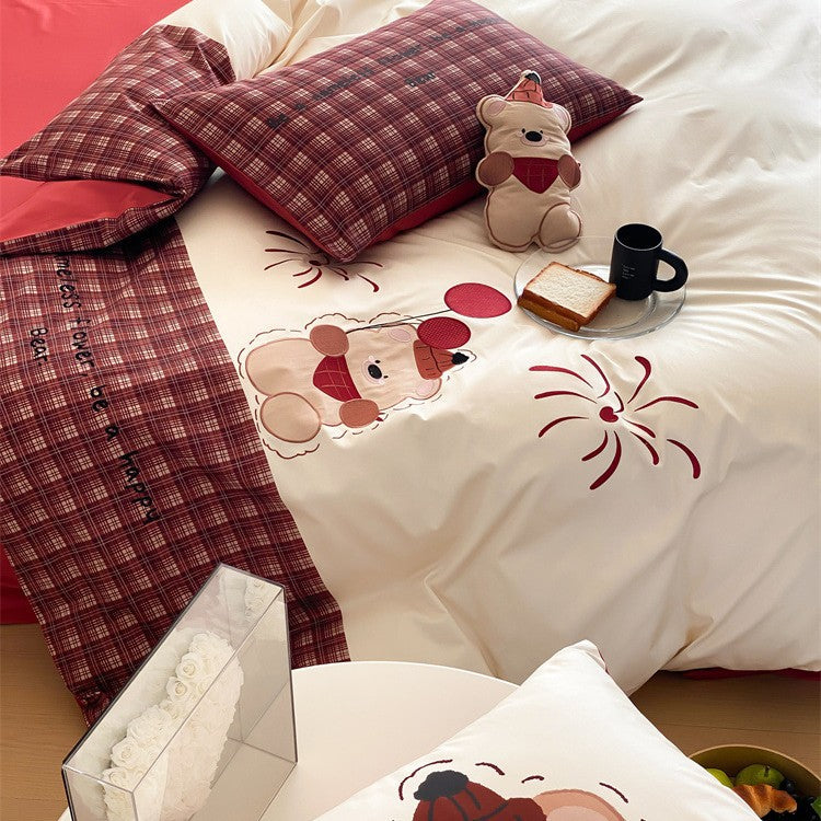 Kinder-Bettwäscheset aus weichem Baumwollsatin mit gesticktem Bären- und Karomotiv Karnz