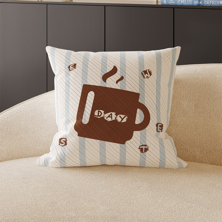 Decorative Square Throw Pillow Cover with Coffee Mug Graphic and Striped Jacquard Texture