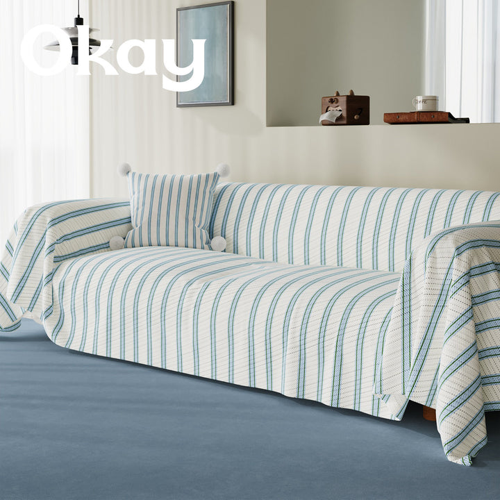 Quilted Striped Reversible Sofa Slipcover with Pom-Pom Accent Pillow