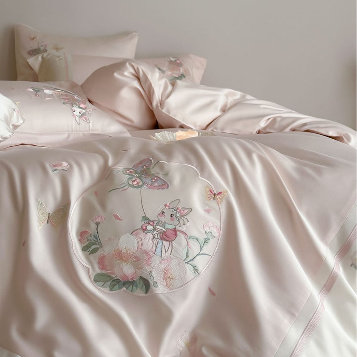 Bestickte Blumen Satin Bettbezug Set