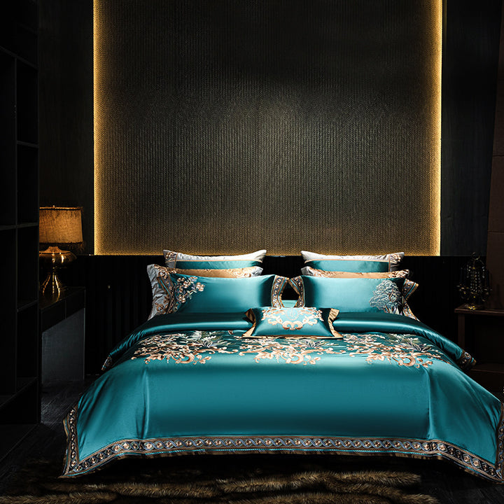 Luxuriöses besticktes Satin-Jacquard-Bettbezug-Set mit dekorativen Kissenbezügen
