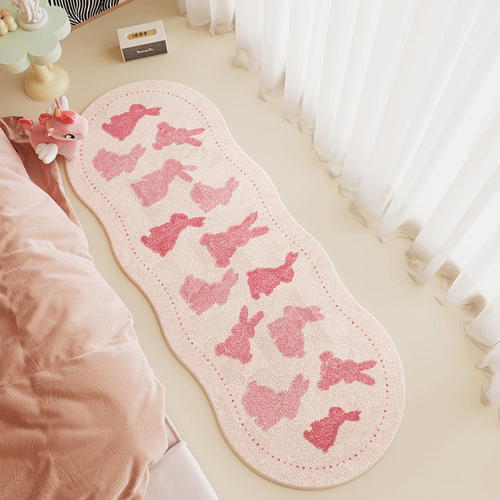 Children's Scalloped-Edge Plush Runner Rug with Pink Bunny Silhouette Pattern