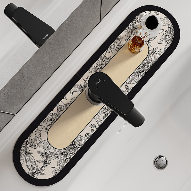Decorative Oval Silicone Faucet Splash Guard Mat with Floral Engraved Print and Non-Slip Backing