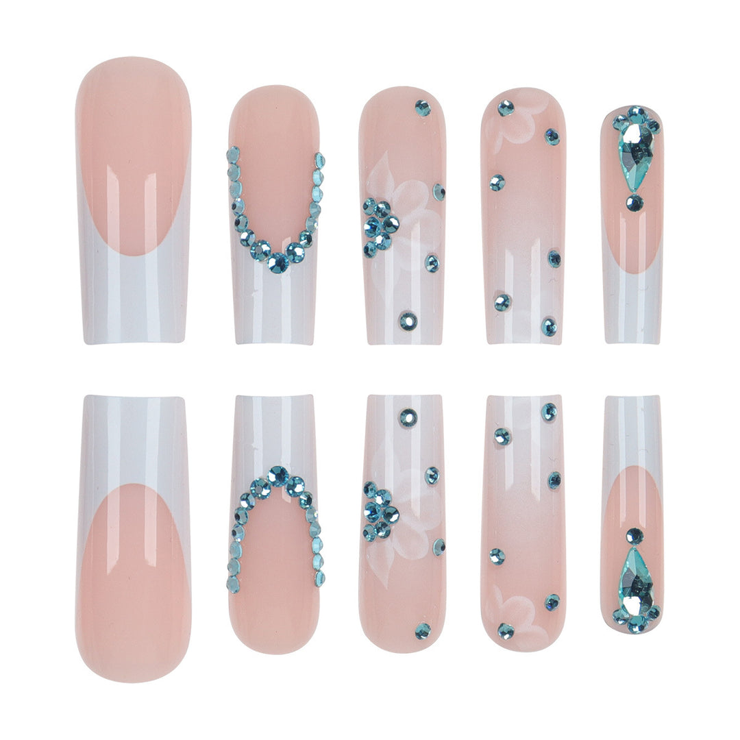 Floral-Designed Press-On Nail Set with Decorative Gem Accents Karnz