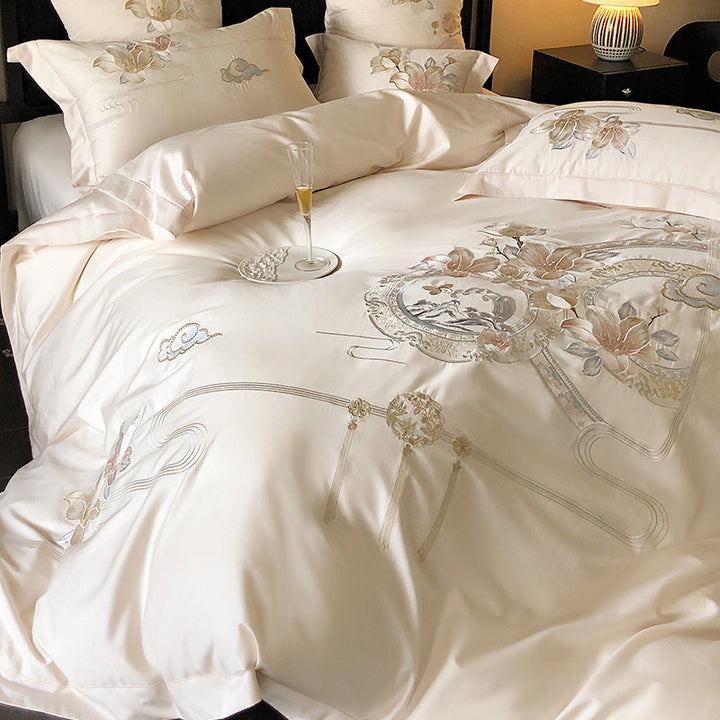 Bestickte florale & Liedvogel Luxus Baumwolle Bettbezug Set mit dekorativem runden Kissen