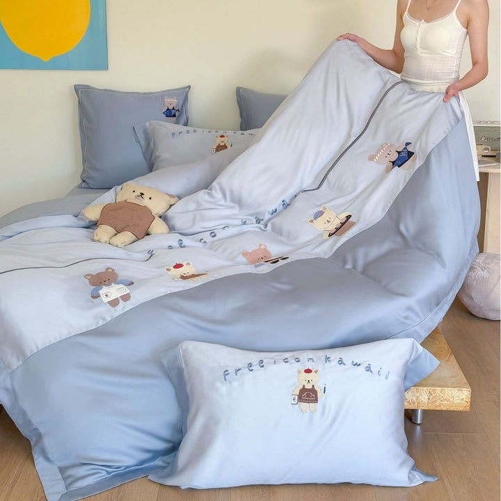 Seidiger Saten Bären-Applikation Bettbezug Set mit Wendepanel und Kissenbezügen