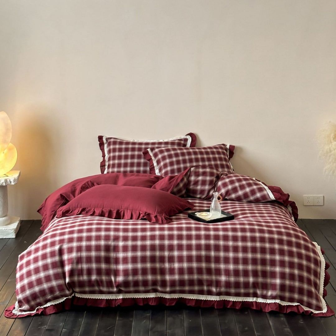 Gekämmte Baumwolle Plaid Bettbezug Set mit Rüsche Saum und Spitzenbesatz