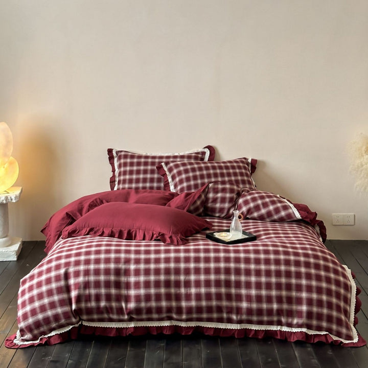 Gekämmte Baumwolle Plaid Bettbezug Set mit Rüsche Saum und Spitzenbesatz
