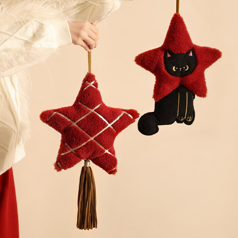 Plüschanhänger Sternform mit Katzenmotiv, kuscheliger Teddy‑Textur und Aufhängeband