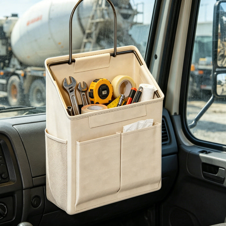 Wandmontierter Canvas-Taschenorganisator mit Mesh-Seitentasche und Metallhaken