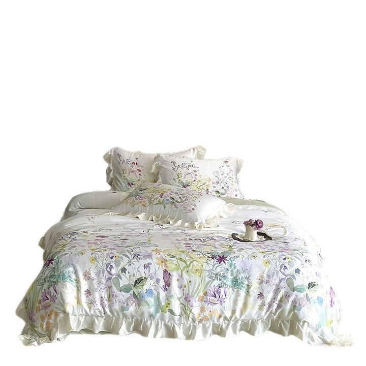 Blumige Baumwollsatin Rüschende Bettwäsche Set