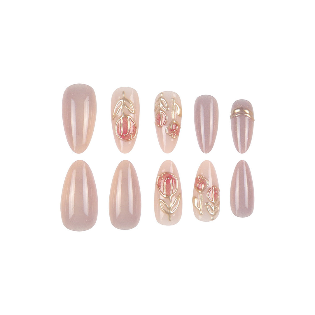 Elegante Stiletto Press-On Nagelset mit künstlerischem Blumenmuster Karnz