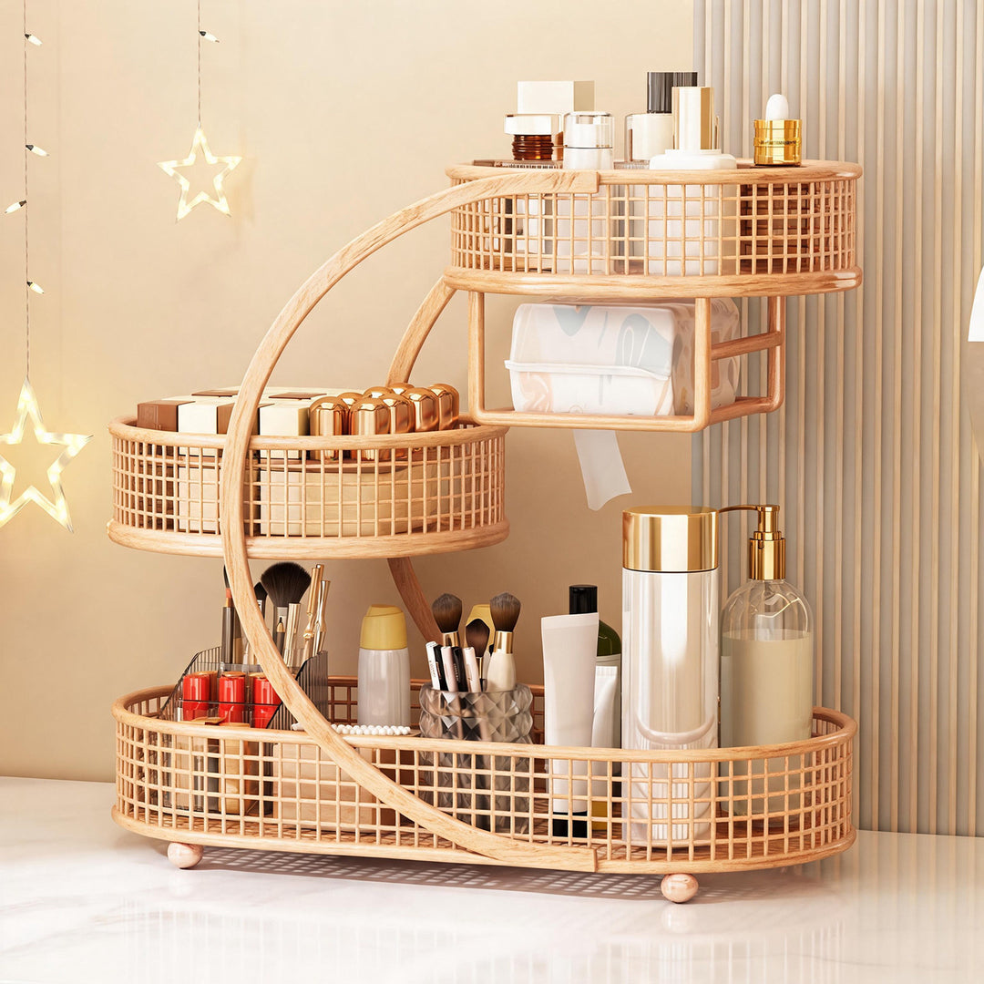 Drei-Stufen-Mesh-Vanity-Organizer mit integriertem Taschenschlitz und runden drehbaren Tabletts
