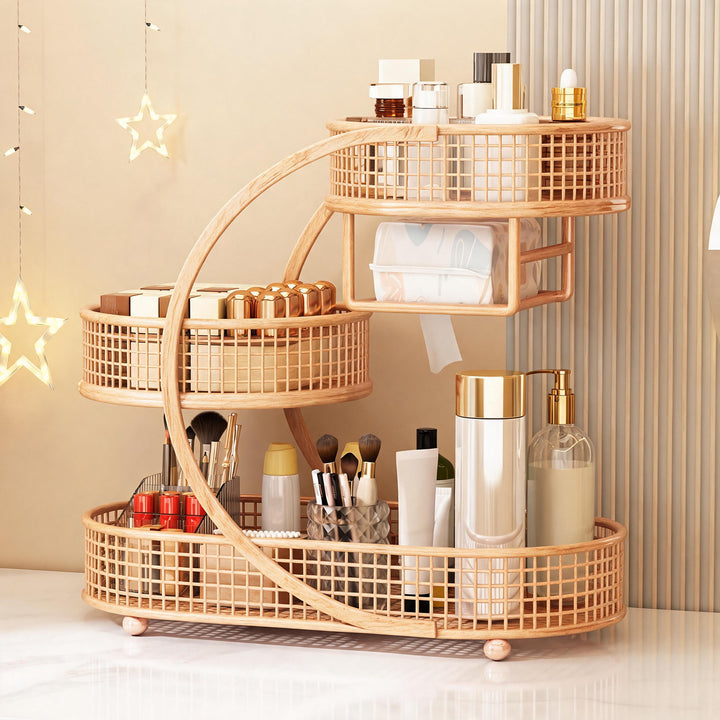 Drei-Stufen-Mesh-Vanity-Organizer mit integriertem Taschenschlitz und runden drehbaren Tabletts