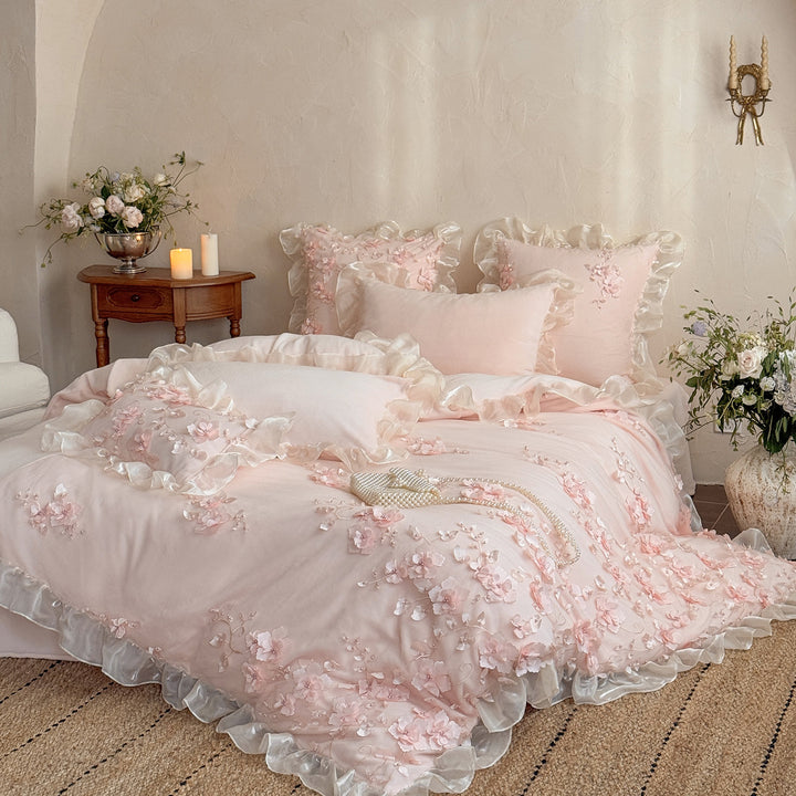 Bestickte 3D Blumen Rüsch Leinen-Mischung Bettbezug Bettwäsche Set