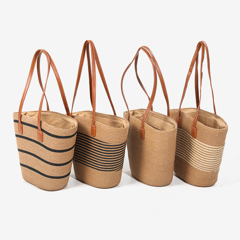 Damen elegante Strohtasche mit stilvollen Ledergriffen Karnz
