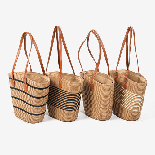 Damen elegante Strohtasche mit stilvollen Ledergriffen Karnz
