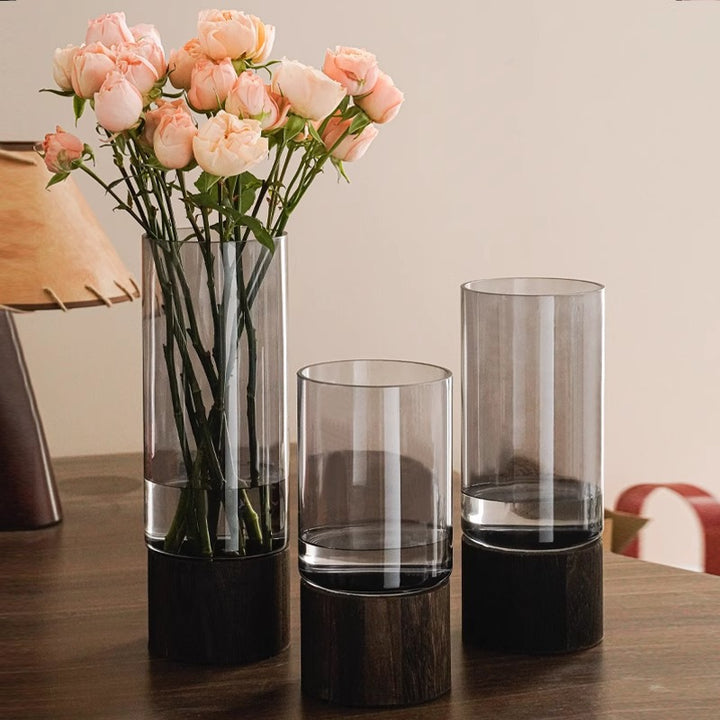 Hochwertige Glasvase mit Holzsockel Karnz