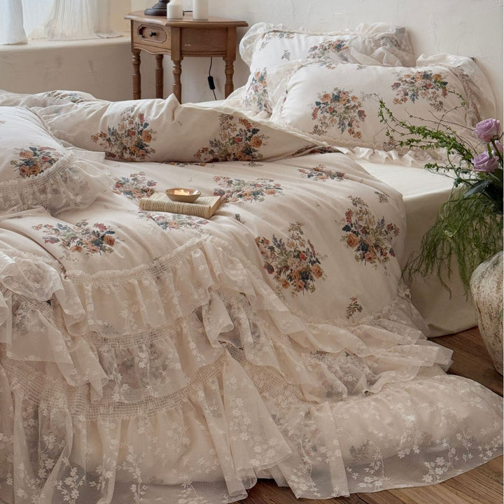 Rüsch Vintage Blumen Baumwolle Bettbezug und Kissenbezug Set