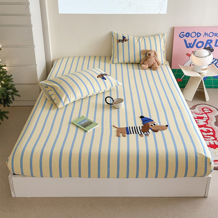 Gingham-Check-Baumwoll-Spannbettlaken und Kissenbezug Bettwaren-Set mit gesticktem Teddy