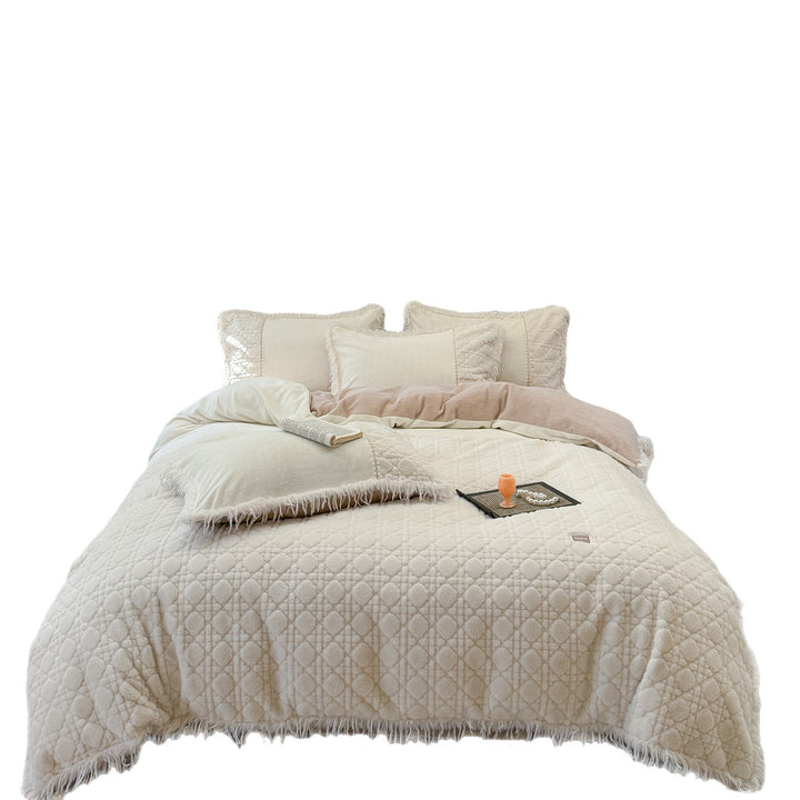 Plush Quilted Reversible Comforter Set with Fringed Sherpa Trim and Decorative Pillow Shams