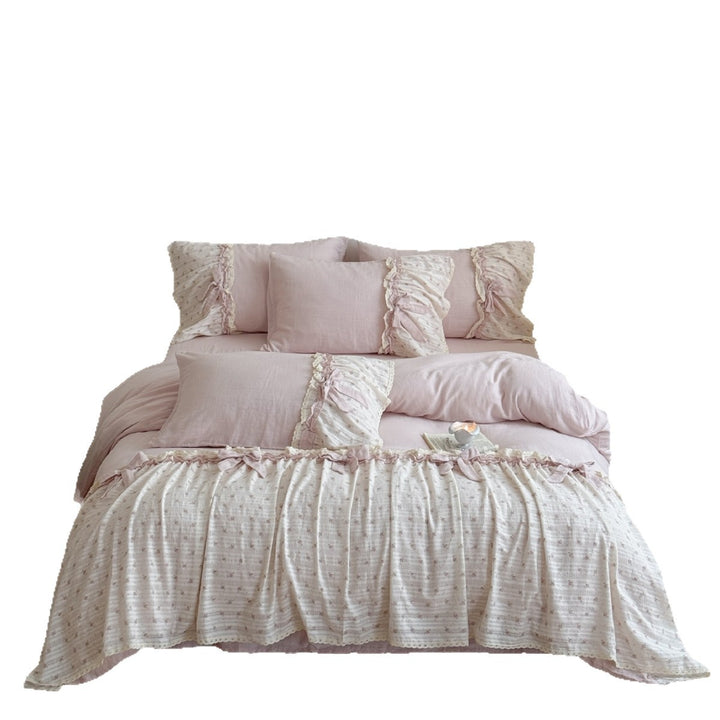 Romantisches Rüschendes Floral Bogen-Applikation Baumwolle Bettbezug und Kissenbezug Set