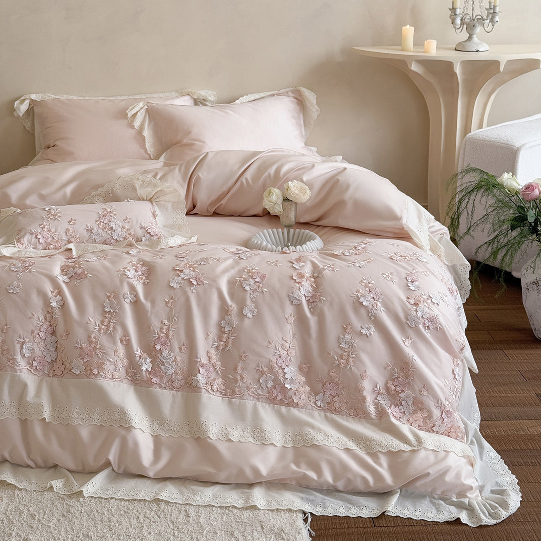 besticktes Luxus-Bettwäsche-Set aus Baumwollsatin mit Spitzenbordüre