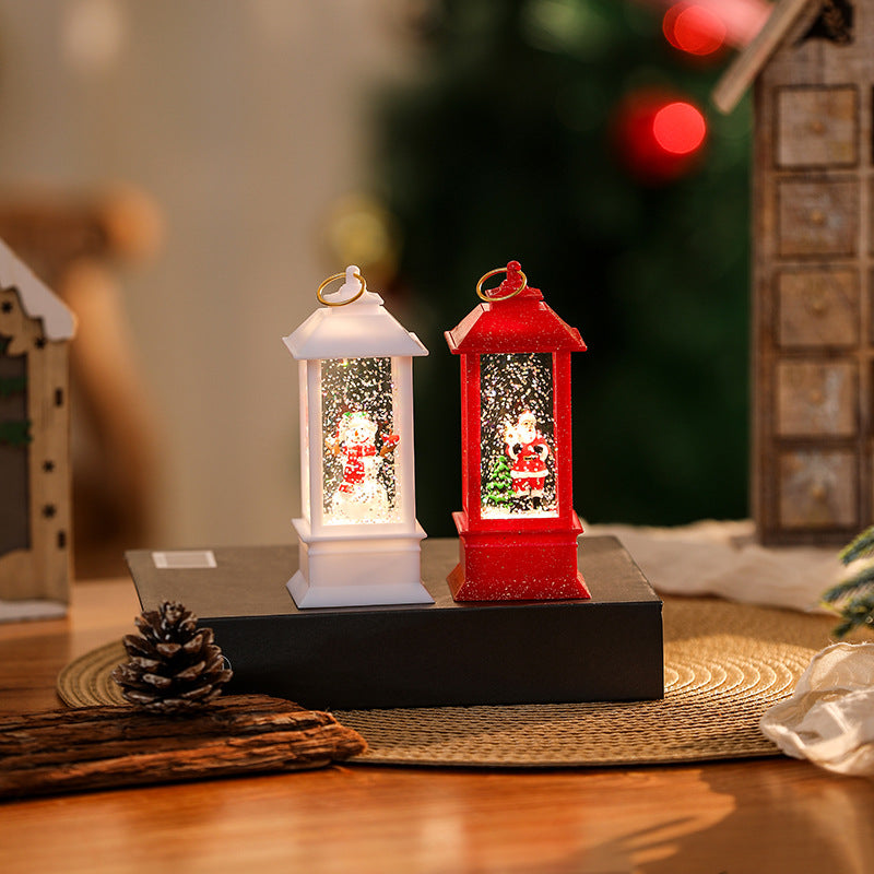 Beleuchtete Weihnachtslaterne mit glitzerndem Schneemann-Szenario Karnz
