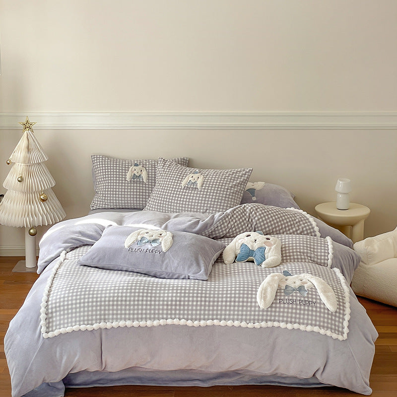 Plüsch Gingham Baumwoll Bettbezug und Kissenbezug Set mit bestickten Welpenapplikationen