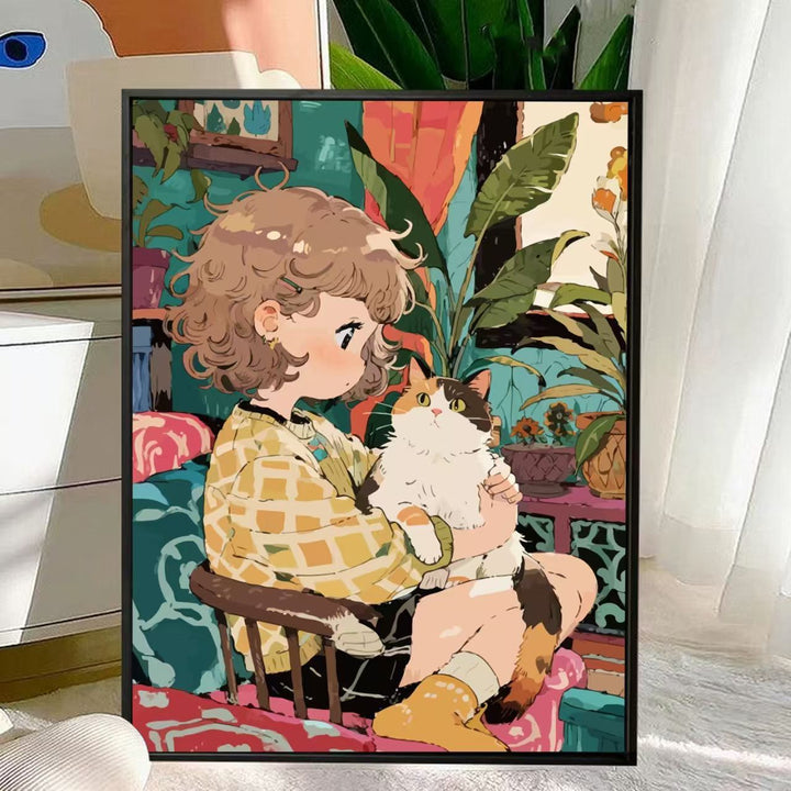 Niedliche Katzen- und Kind-Illustration Wandkunst Karnz