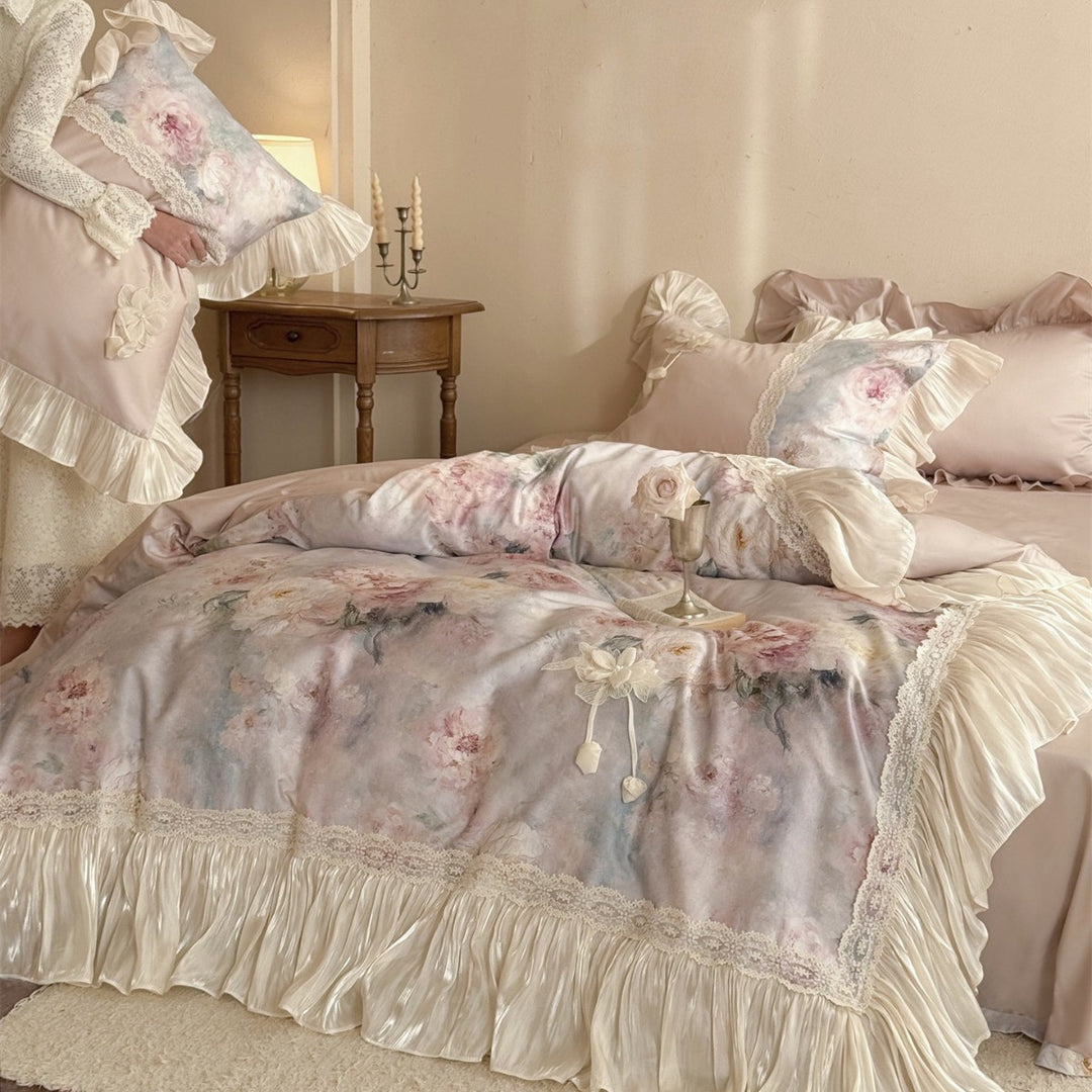 Romantisches Rüschendes Floral-Aquarell-Bettwäsche Set mit Spitzendetails und Satin-gefühl Kopfkissenbezügen