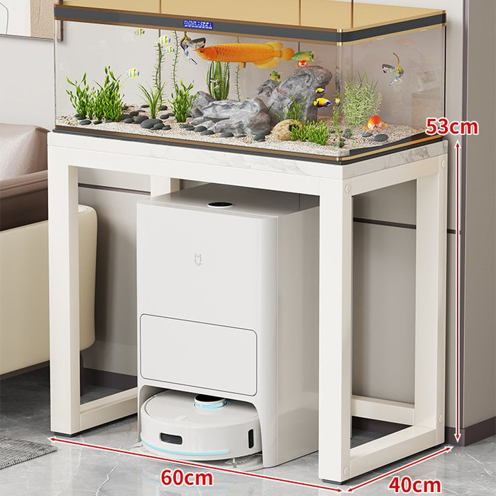 Gold-Metall-Aquarium-Konsole mit Kunstmarmorplatte und Robotersauger-Aufbewahrung