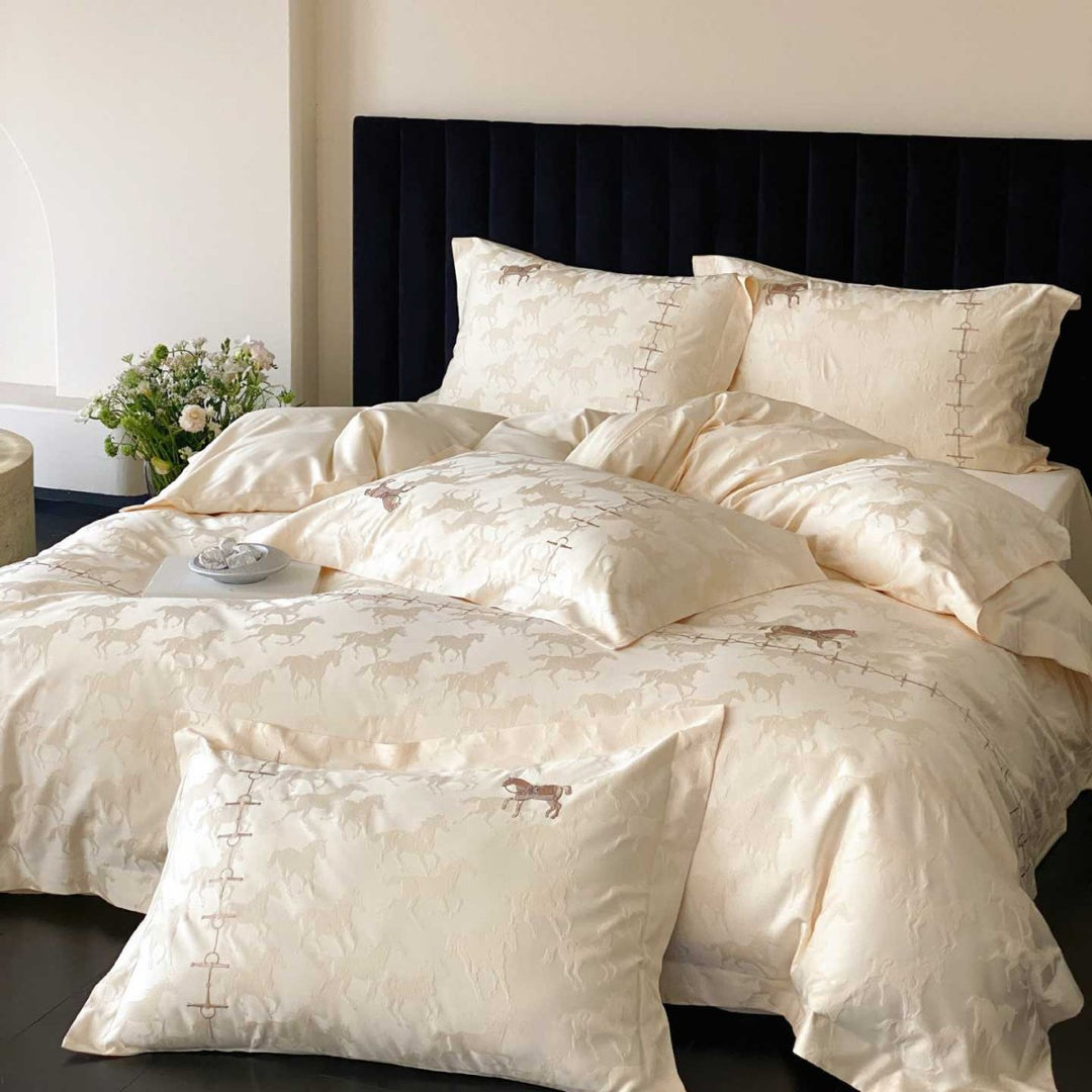 Luxuriöses Baumwoll-Jacquard-Bettwäsche-Set mit feiner Pferde-Stickerei