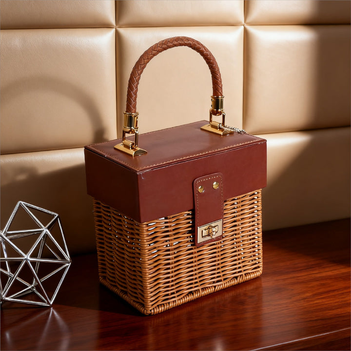 Damen Stilvoller Korb mit elegantem Lederdeckel und geflochtenem Design Karnz