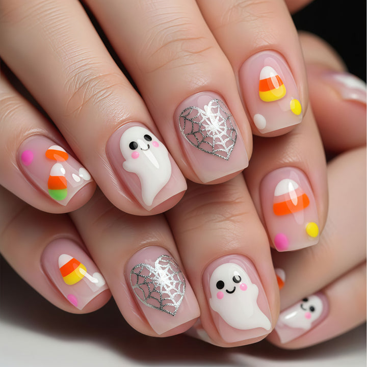Halloween Kunstnägel mit Geister- und Süßigkeiten-Motiven Karnz
