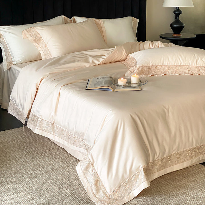 Luxus Baumwoll-Satin Bettbezug Set mit Spitzenbesatz Säumer & Dekokissenbezüge