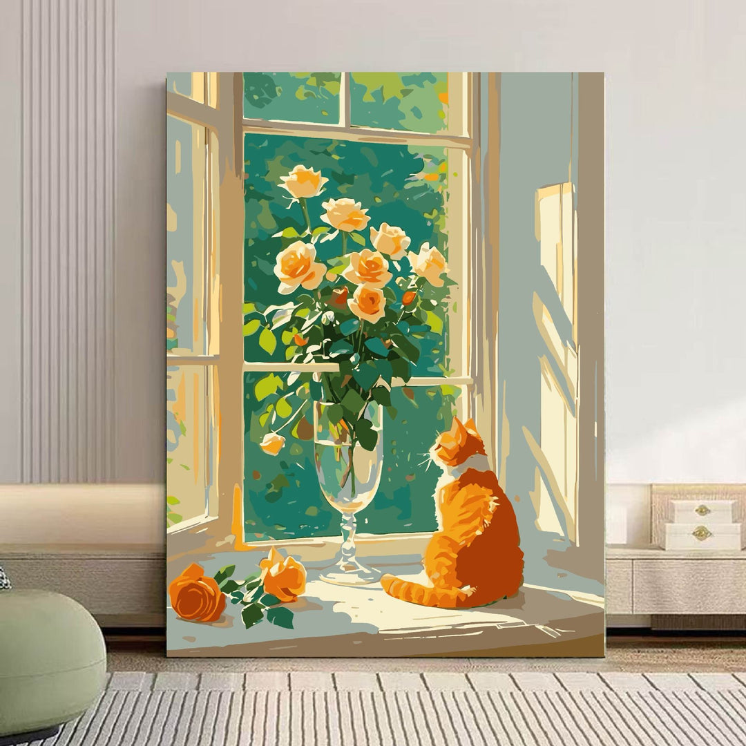 Gemütliche Katze und floral inspiriertes Leinwandkunstwerk Karnz