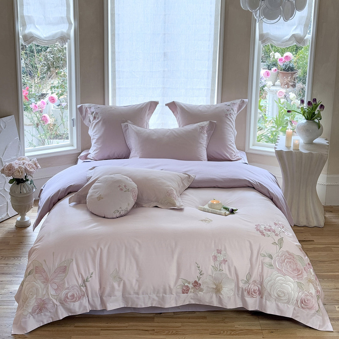 luxuriöses Baumwollsatin Bettwäsche-Set mit floraler Stickerei