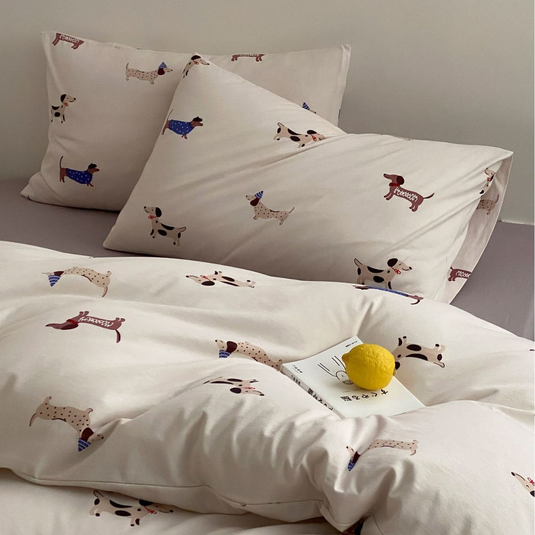 Cartoon Dog Print Baumwoll Bettwäsche Set mit Kissenbezügen