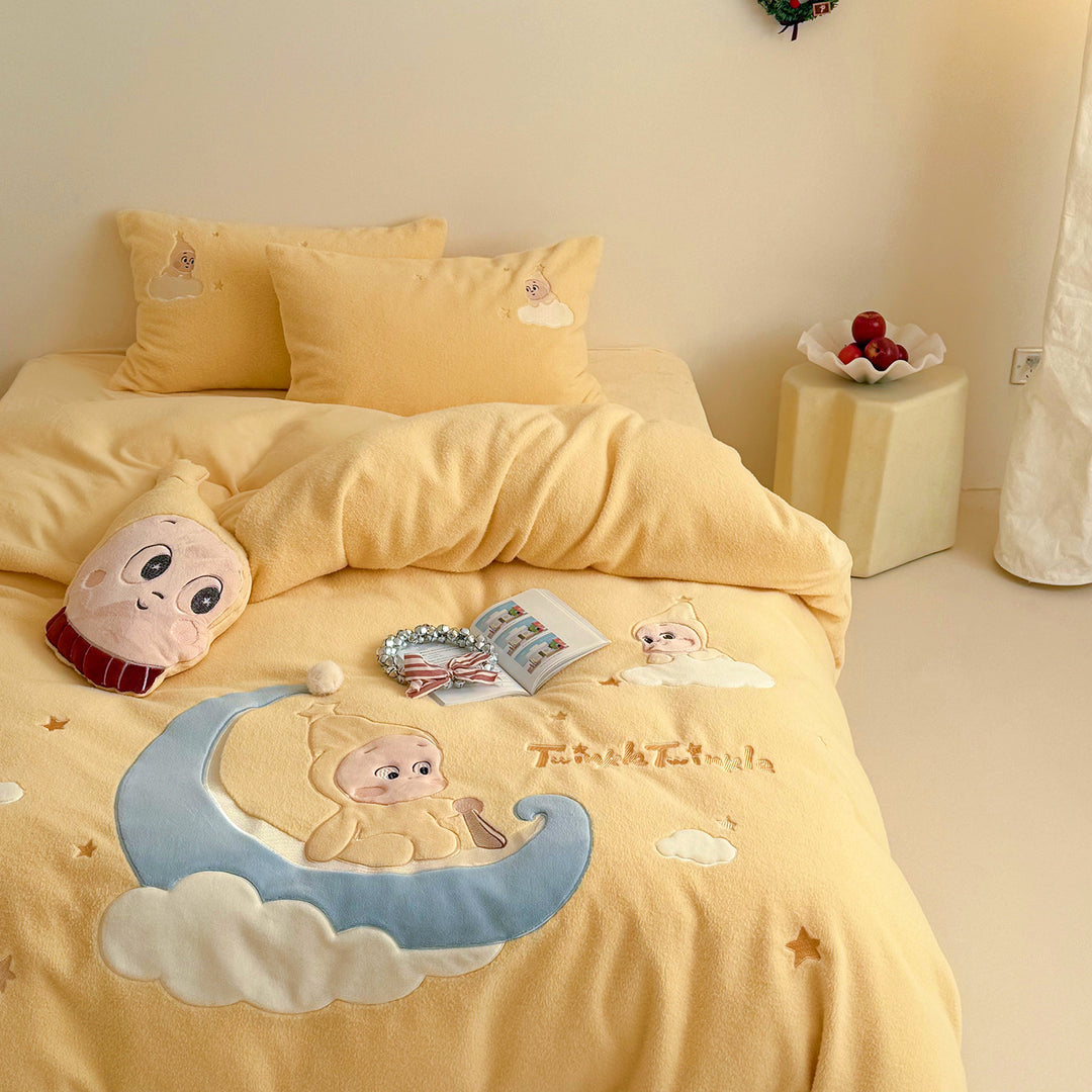 Kinder-Bettwäsche-Set aus weichem Fleece mit bestickten Mond- und Kuschelapplikationen