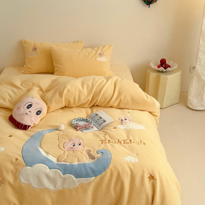 Kinder-Bettwäsche-Set aus weichem Fleece mit bestickten Mond- und Kuschelapplikationen