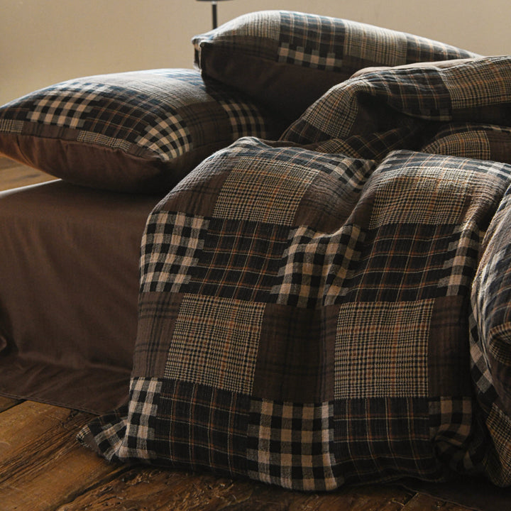 Patchwork Karo Baumwoll-Leinen Bettbezug Set mit Wendbarem Naturrücken