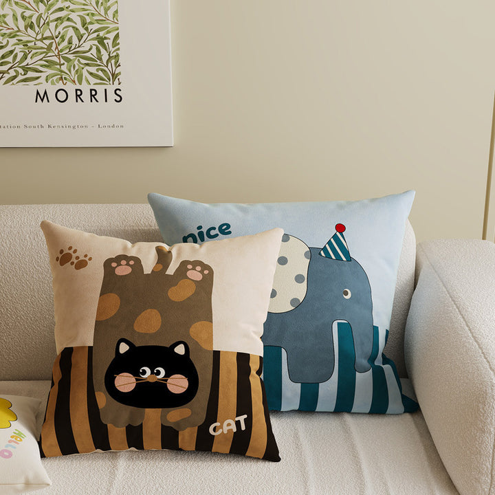 Square Decorative Throw Pillow Cover with Cute Cartoon Cat Illustration and Vertical Pink Stripe Linen-Blend