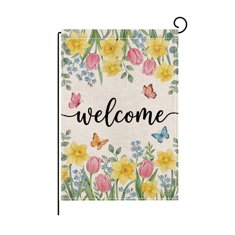 Aquarell Floral Willkommen Gartenflagge Doppelseitige Jute-Textur Outdoor Dekorative Gartenbanner