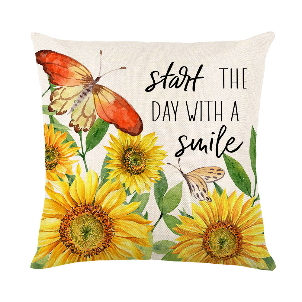 Dekorative Kissenbezug mit Leinenstruktur in quadratischer Form mit Sonnenblumen-Aquarell & motivierendem Schriftzug
